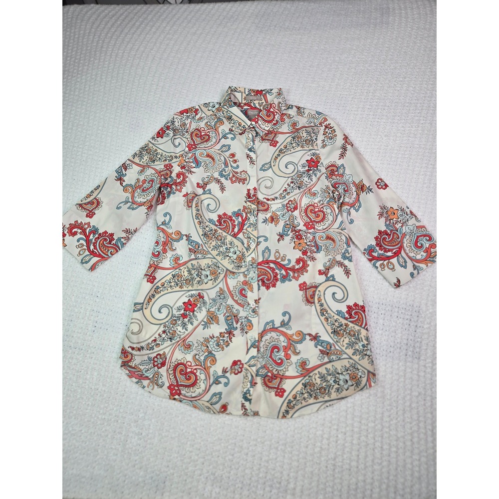 Chicos No Iron Paisley Button Down‎ Shirt Womens 1 US 8/10 White Red 3/4 Sleeve